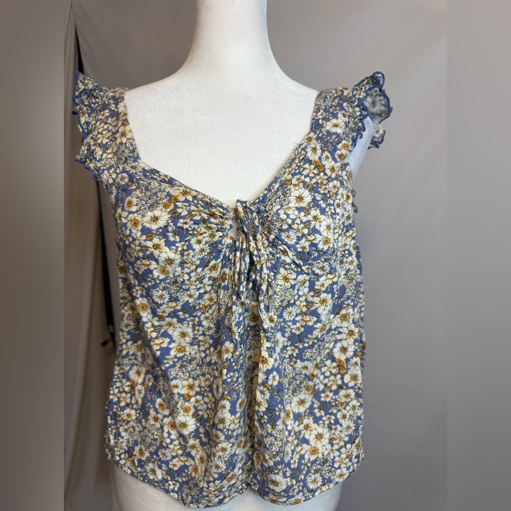 Patrons of Peace Floral Tie-Front Blouse -Blue and White. Delicate Trim Ruffle